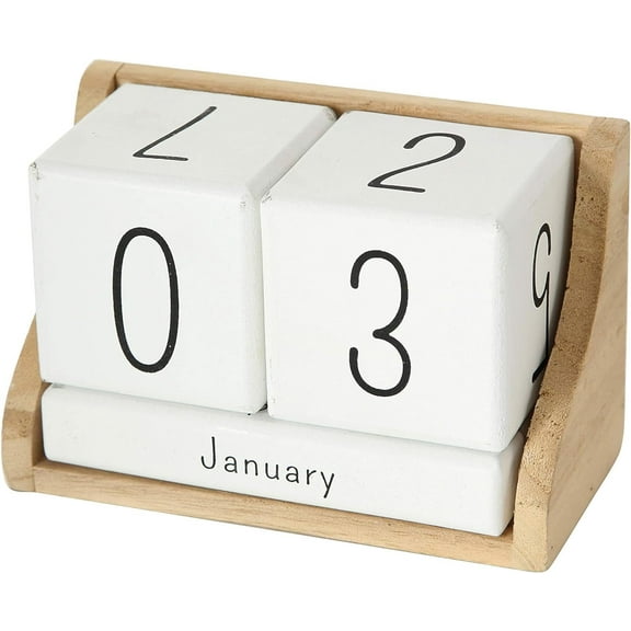 WHW Rustic Perpetual Block Calendar, Desktop Accessory, Wood, White and Natural, 5.5 inches