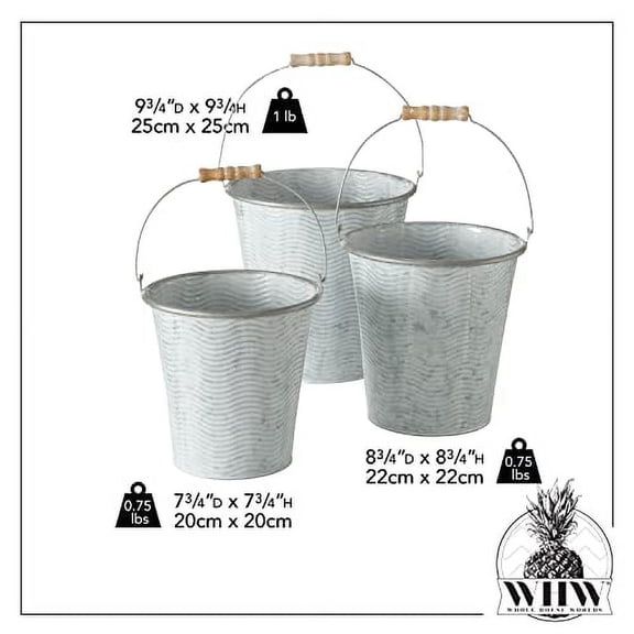 WHW Whole House Worlds 3 Piece Nesting Bucket Planter Set, Corrugated Wave Pattern, White Washed Grey, 9.75, 8.75, and 7.75 Inches