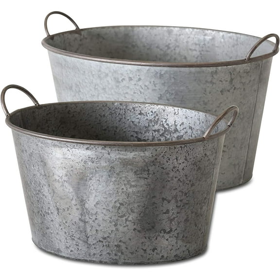 WHW Whole House Worlds Farmers Market Zinc Planters, Set of 2, Galvanized Metal, Oval Basin Tubs, Rolled Rims, Rustic Finish, Vintage Wash Basin Style, 22 and 18 Inches
