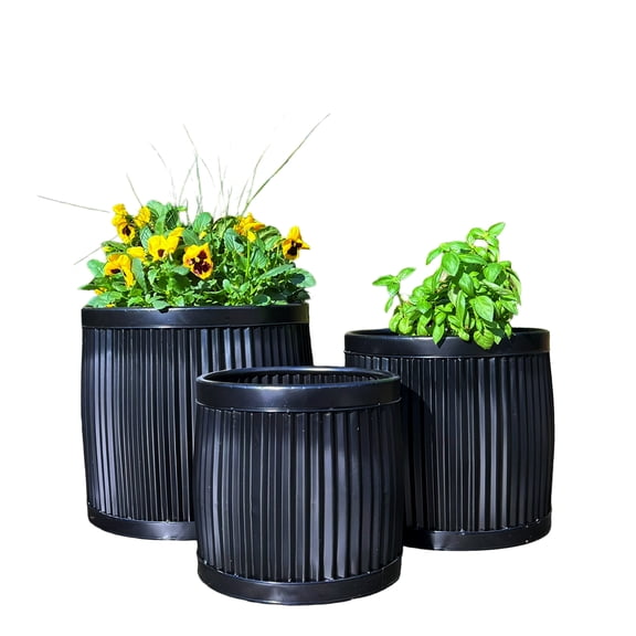WHW Whole House Worlds Large Capacity French Country Style Belly Bucket Planters, Round, Set of 3, Galvanized Metal, Black, Corrugated Cache Pots, Rustic