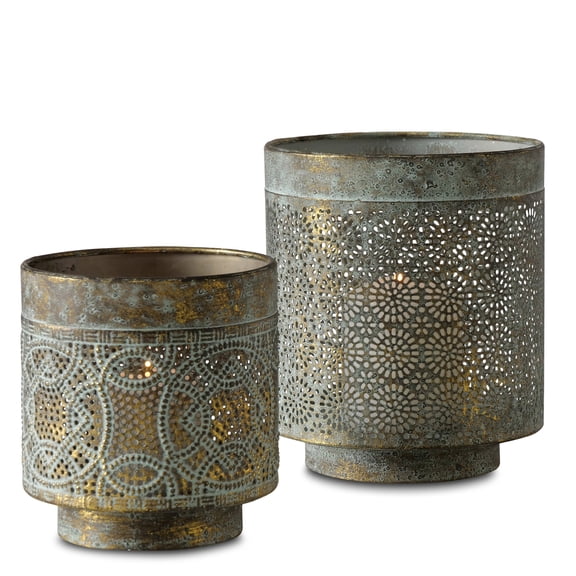 WHW Whole House Worlds Moroccan Temple Lanterns, Set of 2, Lattice , Intricated Patterns, Antique Gold, Metal, 6.25 Inches