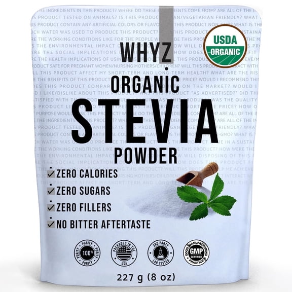 WHYZ Organic Stevia Powder, 8 oz, USDA Organic, Keto & Paleo Friendly, 1621 Servings