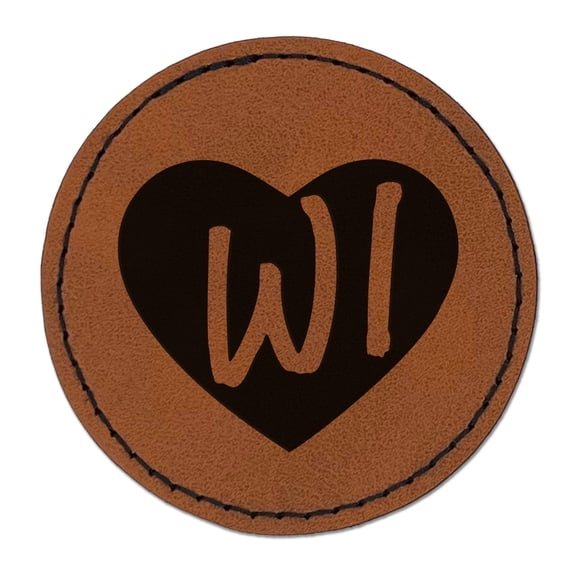 WI Wisconsin State in Heart 2.5" Faux Leather Round Engraved Iron-On Patch - Brown