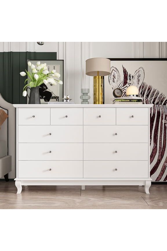 10 Drawer Double Dresser, Wood Dresser Chest of Drawers for Home Bedroom, White Closet Chest