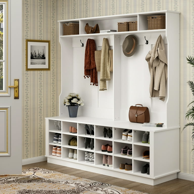 WIAWG 18 Shoe Cubbies Wide Hall Tree with Hook for Entryway 63 Wide White Walmart
