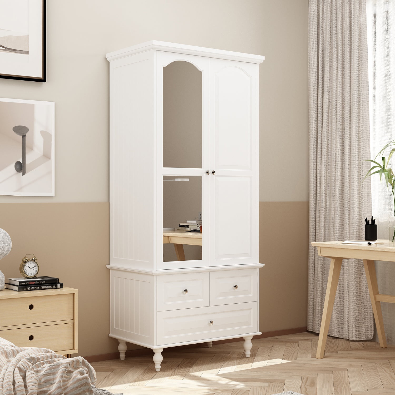 WIAWG 2 Door Wardrobe Armoire Closet with 3 Drawers and Hanging Rod
