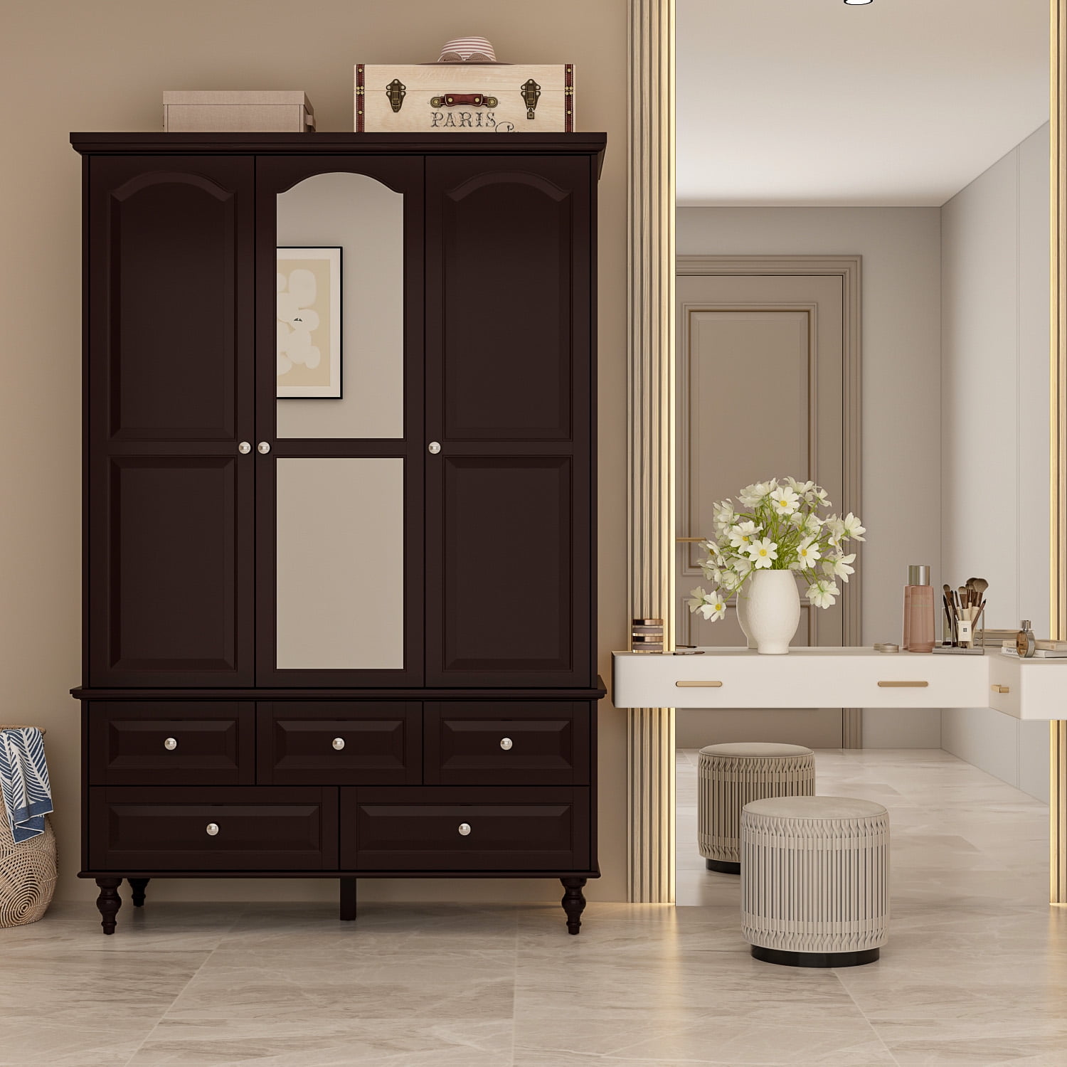 WIAWG 3 Door Wardrobe Armoire Closet with 5 Drawers and Hanging Rod plus Mirror Brown
