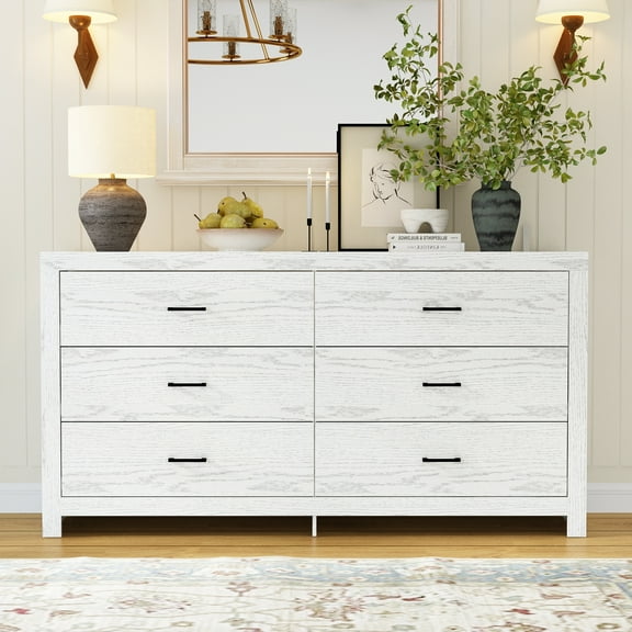 WIAWG 63" Dresser for Bedroom,6 Drawer Dresser, Chest of Drawers, Rustic Drawer Cabinet for Living Room Hallway Office, White Wood Grain