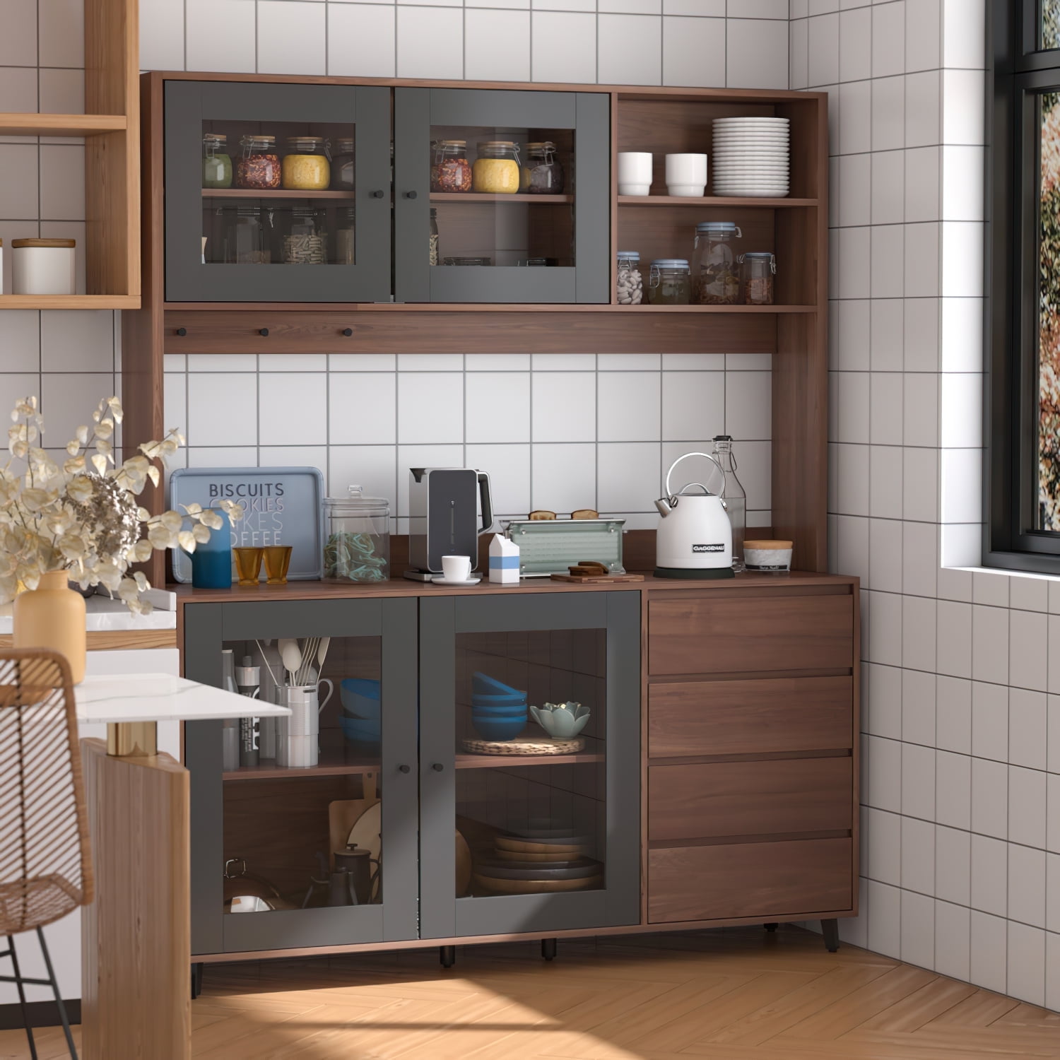 WIAWG 63" Modern Kitchen Pantry Storage Cabinet Large Wooden Sideboard Buffet hutch Cupboard Walnut/Black
