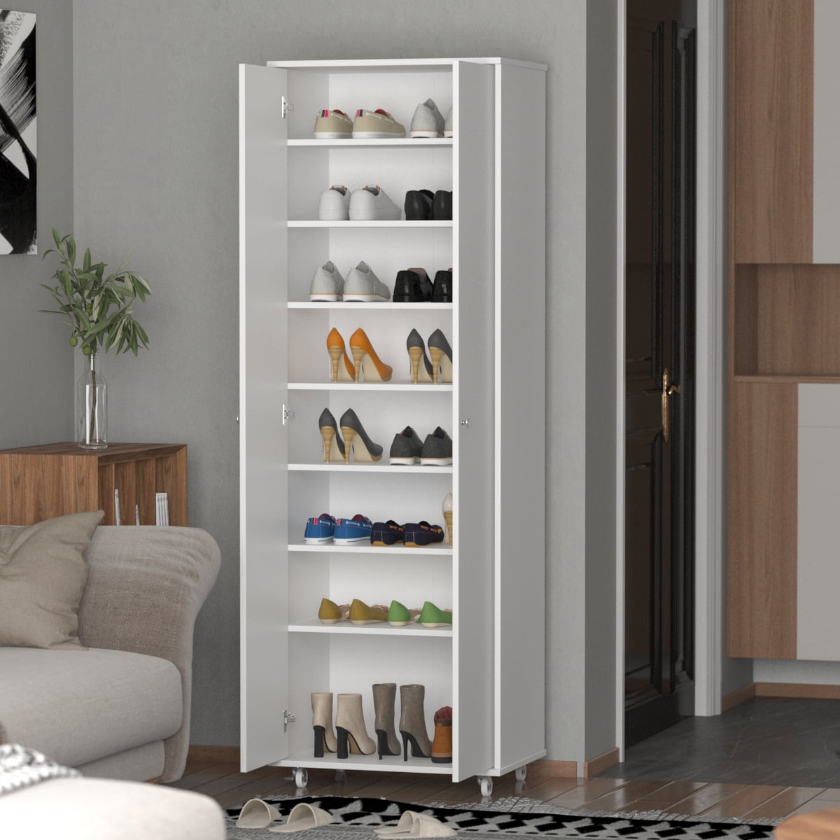 WIAWG 70.9" Large Shoe Cabinet with Wheels Wooden Tall Shoe Storage Rack Cabinet White