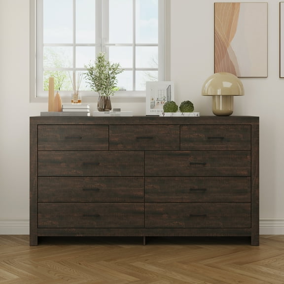 WIAWG 9 Drawer Dresser for Bedroom, 63 Wide Chest of Drawers, Rustic Drawer Cabinet for Living Room Hallway Office,Brown