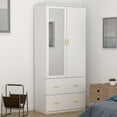 thumbnail image 1 of WIAWG 2 Door Wardrobe Armoire Closet with Mirror,Wooden Dresser Cabinet with Hanging Rod & 2 Drawers for Bedroom,White, 1 of 9