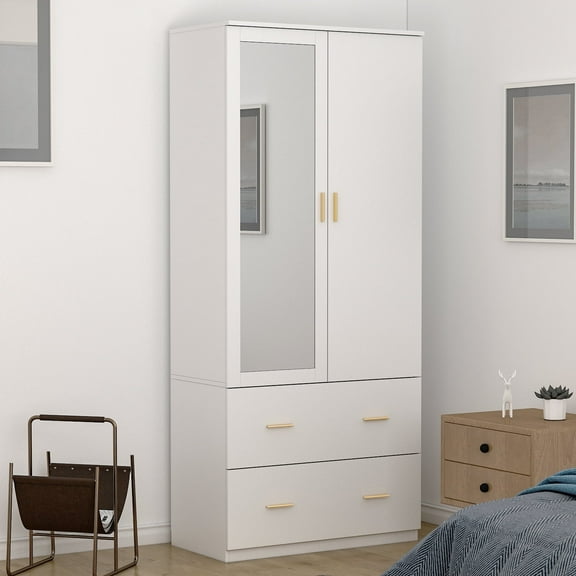 WIAWG 2 Door Wardrobe Armoire Closet with Mirror,Wooden Dresser Cabinet with Hanging Rod & 2 Drawers for Bedroom,White