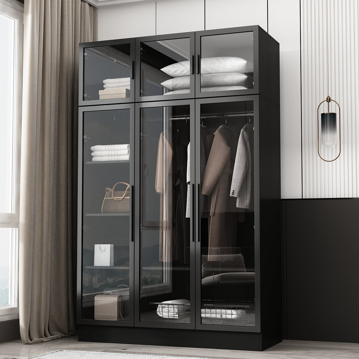 WIAWG Bedroom Wardrobe with Lights Armoires Closet Storage Cabinet with Hanging Rod and Glass Doors