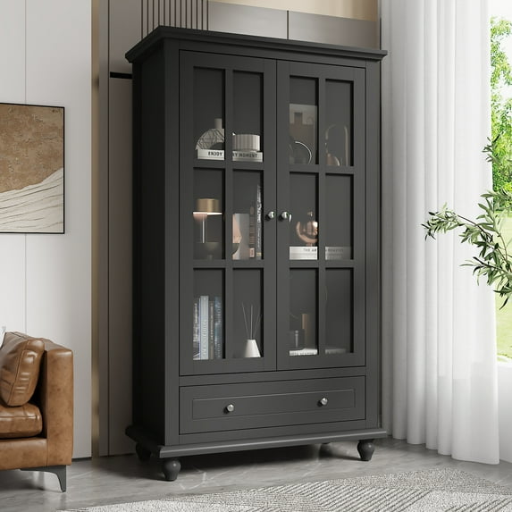 WIAWG Black 55.1" Perfect Pantry Storage Bookcase Display Cabinet - Glass 2-Door & 1-Drawer for Home Office