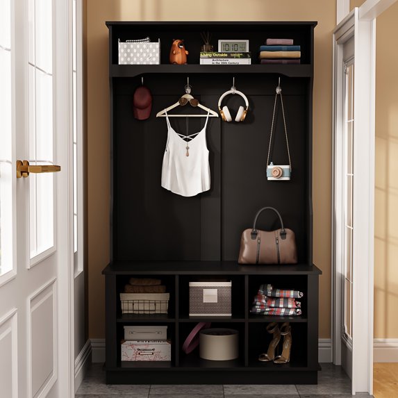 WIAWG Hall Tree with Storage Bench, 3-in-1 Entryway Coat Rack with 4 Hooks, Coat Hanger, Storage Cube for Entrance Hallway, Black