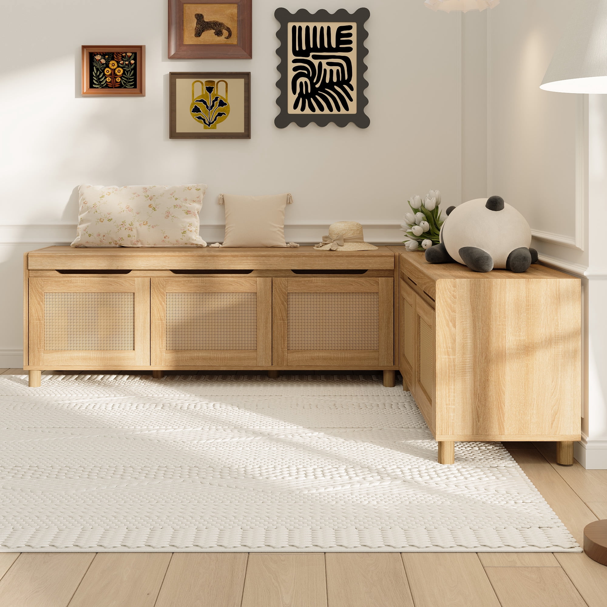 Curated visual reference: Visual Reference: Wiawg L Shape Storage Bench With Rattan Patterns Solid Legs