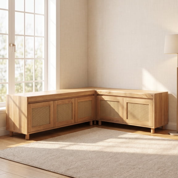 WIAWG L-Shape Storage Bench with Rattan Patterns & Solid Legs, Corner Shoe Bench with Hidden Storage Compartments, Backless Breakfast Dining Nook Bench for Kitchen, Entryway, Natural