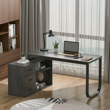 WIAWG L Shaped Desk with Hutch, Office Computer Desk with Drawers Workstastion, Dark Gray