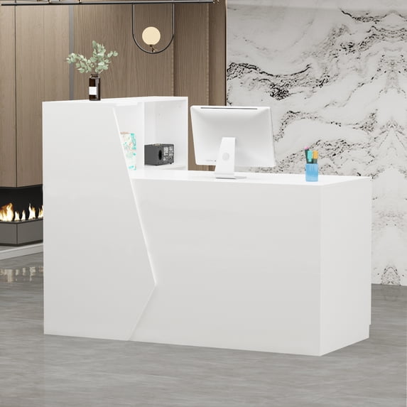 WIAWG L Shaped Front Recption Desk with Drawer and Counter White 55.1"