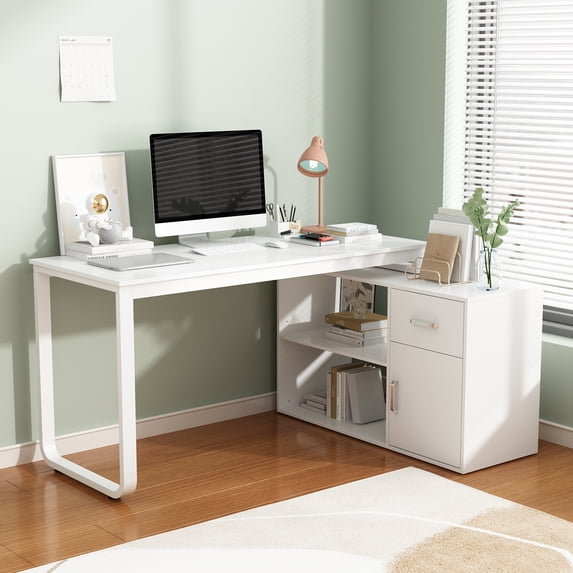 WIAWG L Shaped Writing Desk with Drawer and Open Shelves, 55" Office Desk Computer Table with File Cabinet