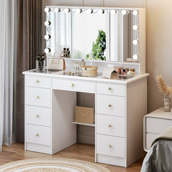 WIAWG Makeup Vanity Desk with 15 Light Bulbs, 3 Mirrors, Glass Top & Hidden Storage, Modern Dressing Table Vanity Table with Drawers, Lighting Modes & Brightness Adjustable, White