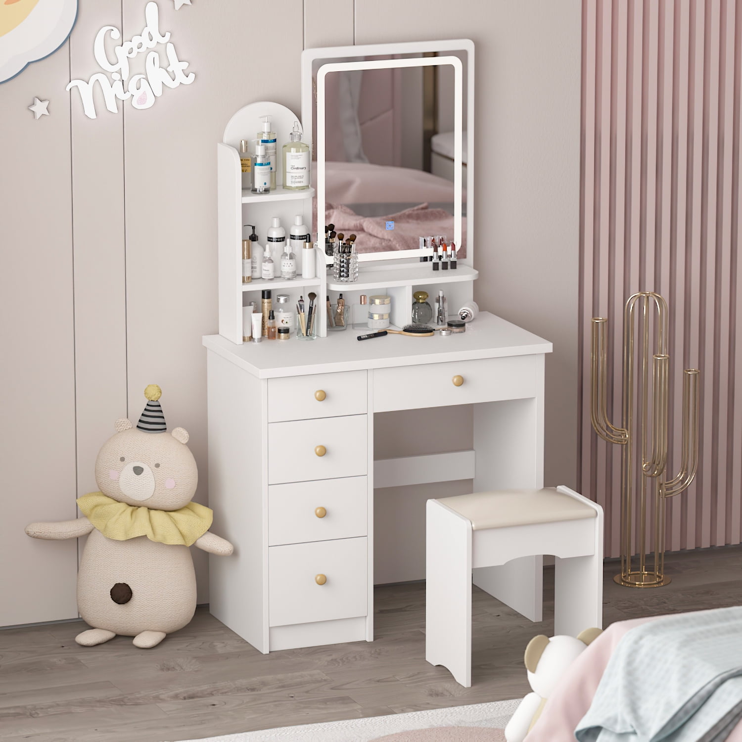 WIAWG White Vanity Makeup Table Set with LED Lights, 5 Drawers and