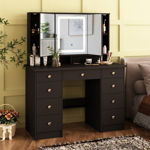 WIAWG Modern Makeup Vanity Dressing Desk 1 Piece Adult Table Set Black