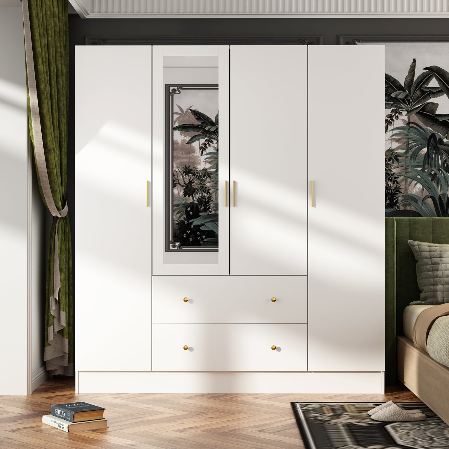 WIAWG Modern Mirrored Armoire Closet for Bedroom, 4 Door Wardrobe with Hanging Rods, Drawers and Shelves, White
