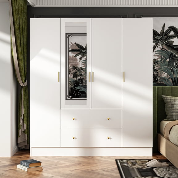 WIAWG Modern Mirrored Armoire Closet for Bedroom, 4 Door Wardrobe with Hanging Rods, Drawers and Shelves, White