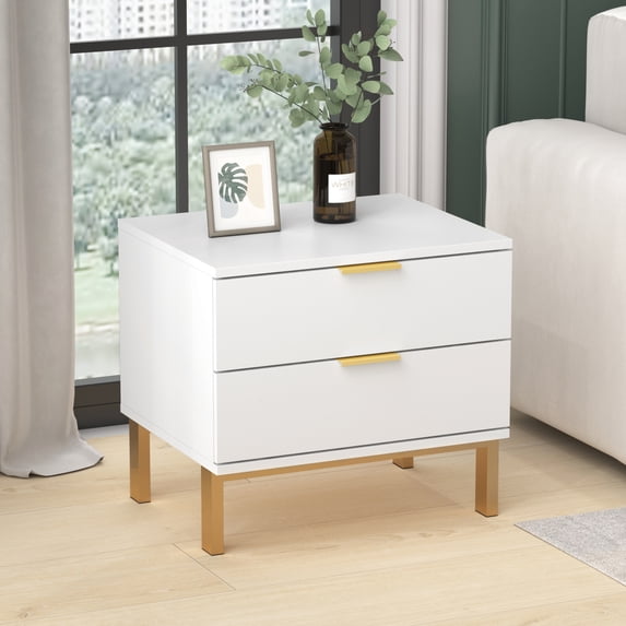 WIAWG Modern Nightstand for Bedroom/Living Room 2 Drawer End Table with Metal Handles White