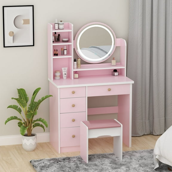 WIAWG Modern 2 Piece Adult Vanity Set with Mirror and LED Lights, Pink