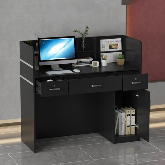WIAWG Reception Station with Counter, Office Register Stand Reception Area with Drawers, Black