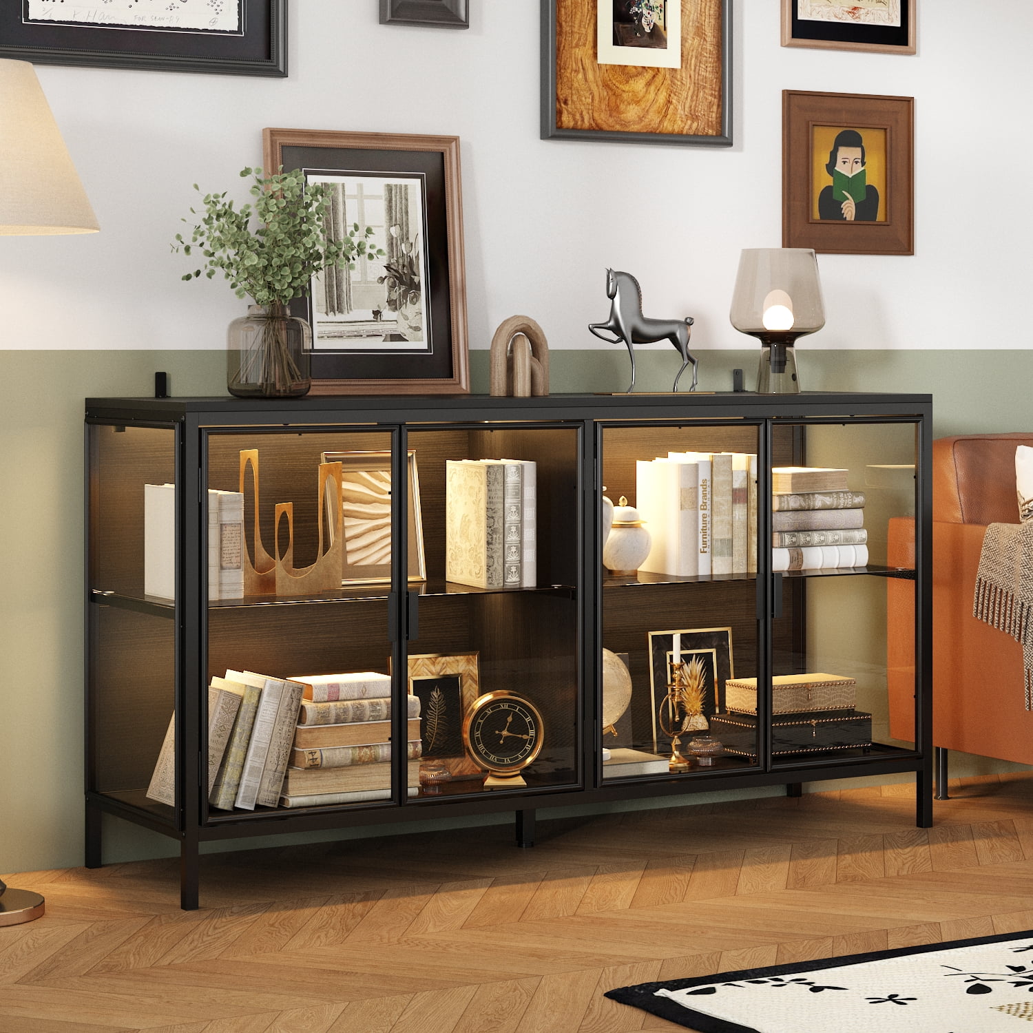 WIAWG Storage Cabinet with 3-Color LED Lights, Glass Shelves & 4 Compartments, Sideboard Buffet for Living Room Dining Room, Black