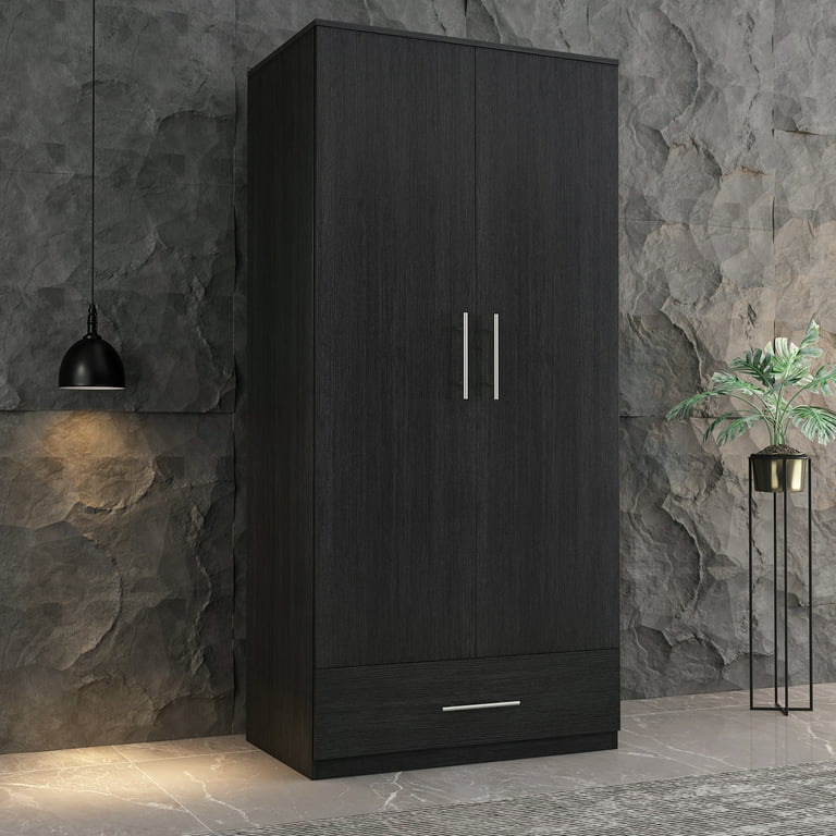 WIAWG Double Door Tall Wooden Wardrobe Cabinet Large Armoire Closet Clothing Storage Organizer for Bedroom Black Walmart
