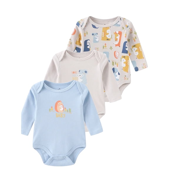 WIBACKER 0-12M 100% Cotton Baby Boys 3-pack Animals Long Sleeve Variety Onesies Snap Bodysuits