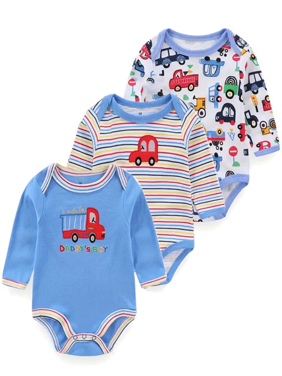 0-12M 100% Cotton Baby Boys 3-pack Striped Cars Long Sleeve Variety Onesies Snap Bodysuits