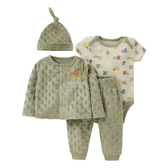 WIBACKER 0-12M Baby Boys' 4-Piece Warm Velvet Lion Outfit Sets, Little Jacket, Pants, Bodysuit and Hat Set