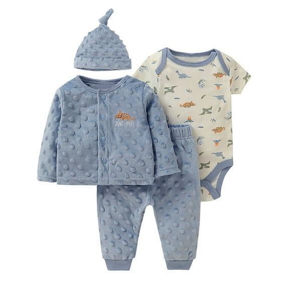 WIBACKER 0-12M Baby Boys' 4-Piece Warm Velvet Dinosaur Outfit Sets, Little Jacket, Pants, Bodysuit and Hat Set