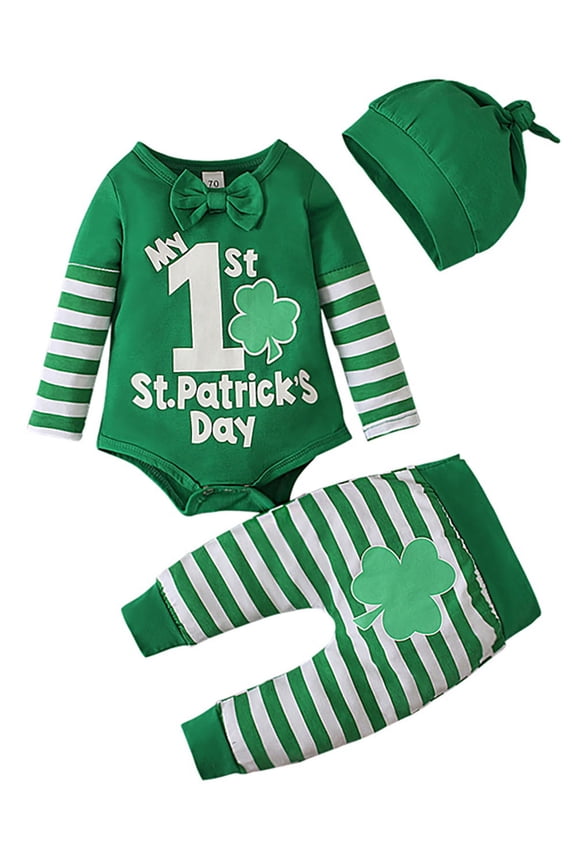0-12M Newborn Baby Boy My First St. Patrick's Day Clothes Clover Romper+ Pants+Hat 3PCS Infant Outfit