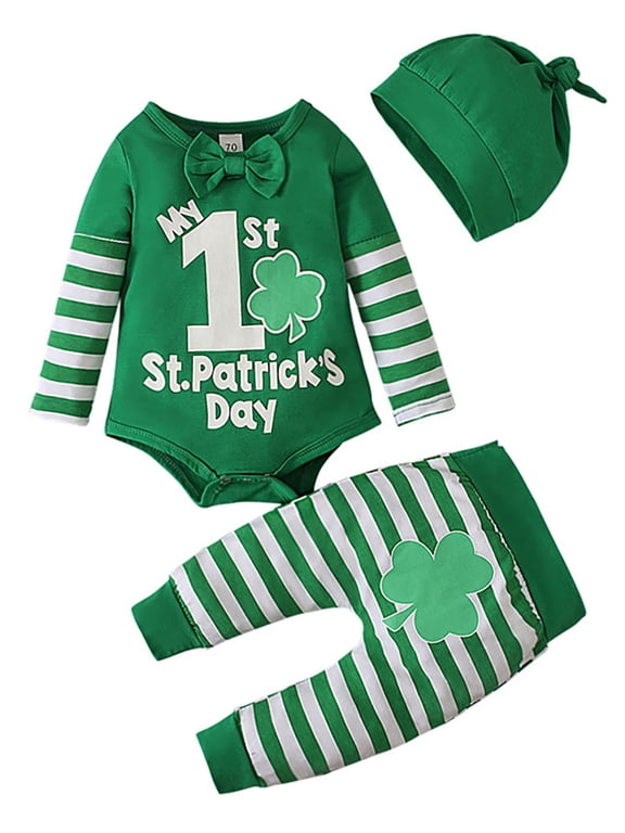 0-12M Newborn Baby Boy My First St. Patrick's Day Clothes Clover Romper+ Pants+Hat 3PCS Infant Outfit