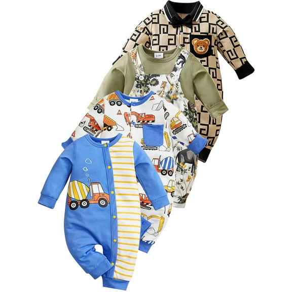 WIBACKER 0-18 Months Newborn Baby Boy Onesie, Infant Long Sleeve Cotton Romper, Boys Bodysuit Fall Spring Outfits - Mixer Truck