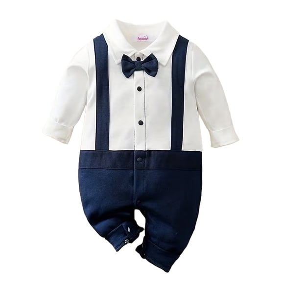 WIBACKER 0-18M Newborn Baby Boys Gentleman Romper Infant One Piece Long Sleeve Bowtie Outfit Formal Wear Tuxedo Suit
