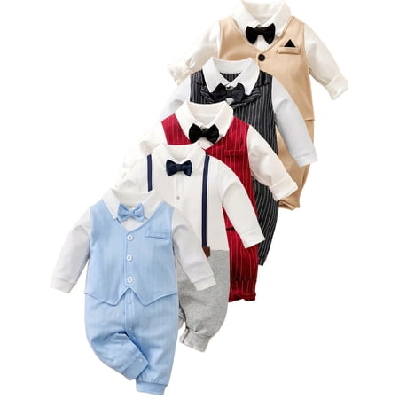 WIBACKER 0-18M Newborn Baby Boys Gentleman Romper Infant One Piece Long Sleeve Bowtie Outfit Formal Wear Tuxedo Suit