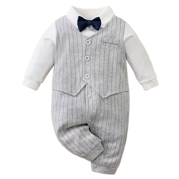 WIBACKER 0-18M Newborn Baby Boys Gentleman Romper Infant One Piece Long Sleeve Bowtie Outfit Formal Wear Tuxedo Suit
