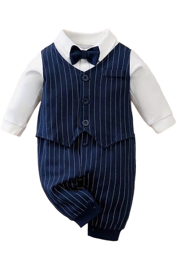 0-18M Newborn Baby Boys Gentleman Romper Infant One Piece Long Sleeve Bowtie Outfit Formal Wear Tuxedo Suit