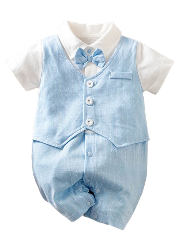 0-18M Newborn Baby Boys Gentleman Romper Infant One Piece Short Sleeve Bowtie Outfit Formal Wear Tuxedo Suit
