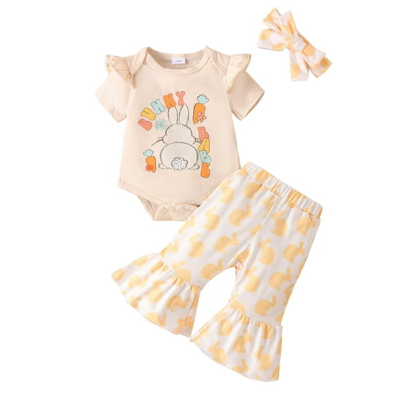WIBACKER 0-18M Newborn Baby Girl Easter Outfits Short Sleeve Shirts with Rabbit Bunny Flared Bell Bottom Pants Set
