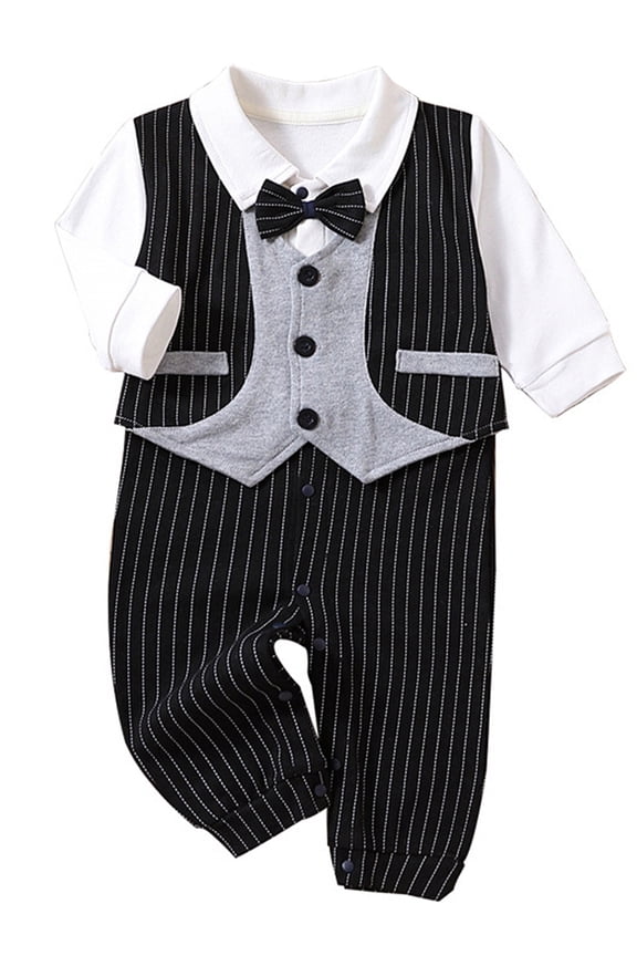 0-24M Newborn Baby Boys Gentleman Romper Infant Cotton One Piece Long Sleeve Bowtie Outfit Formal Wear Tuxedo Suit