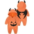 thumbnail image 1 of WIBACKER 0-24M Newborn Toddler Baby Girl Boy Halloween Pumpkin Costumes with Bat Wings Fleece Hooded Romper Jumpsuit Outfit, 1 of 9